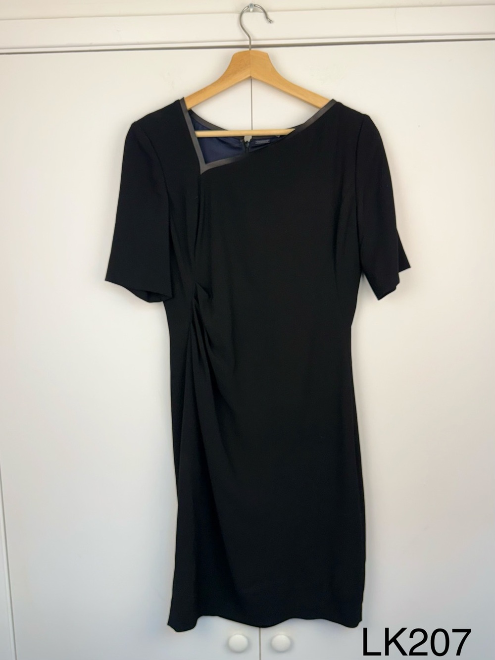 Elie Tahari Black Lamb Leather Trim Asymmetric Sheath Dress Size 6